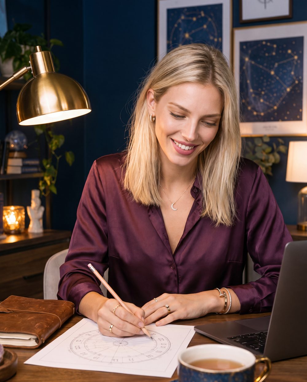 Mila at her desk working on a client's birth chart