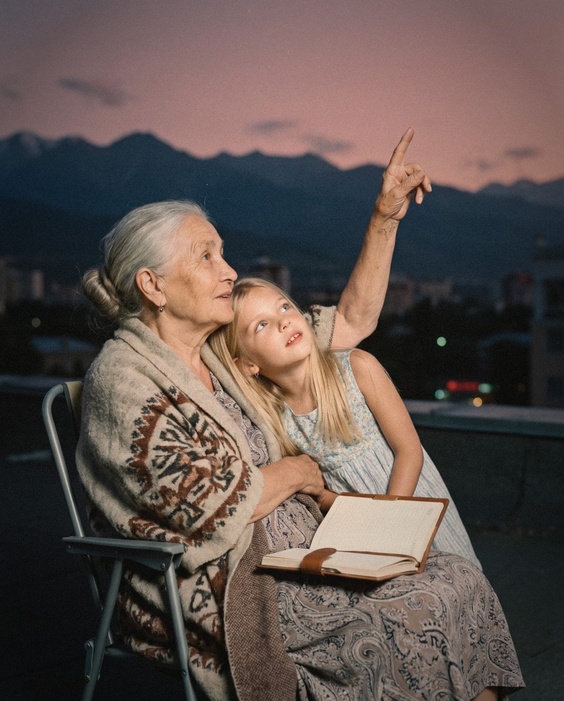 Mila as a little girl with her grandmother on a rooftop in Almaty, her grandmother pointing at the first stars